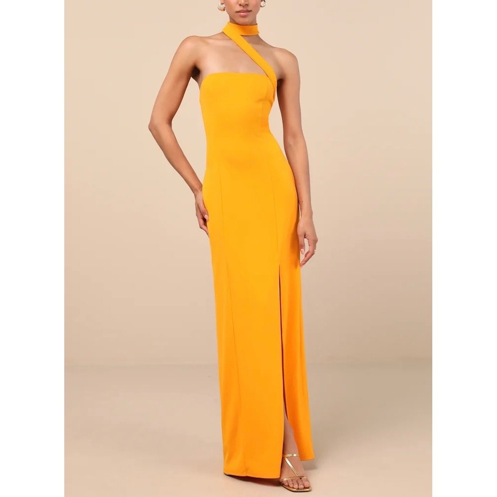 NWT Lulus Seraphina Golden Yellow Asymmetrical Column Maxi Dress Gown Size M